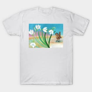 Snowdrop Swaying and Wren Bird Singing Illustration T-Shirt